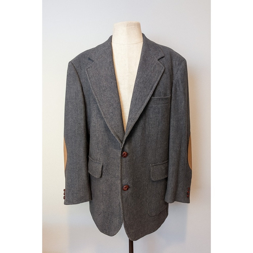 Pendleton Blazer Sport Coat Gray Virgin Wool Mens 46L Elbow Patches Tweed Vtg